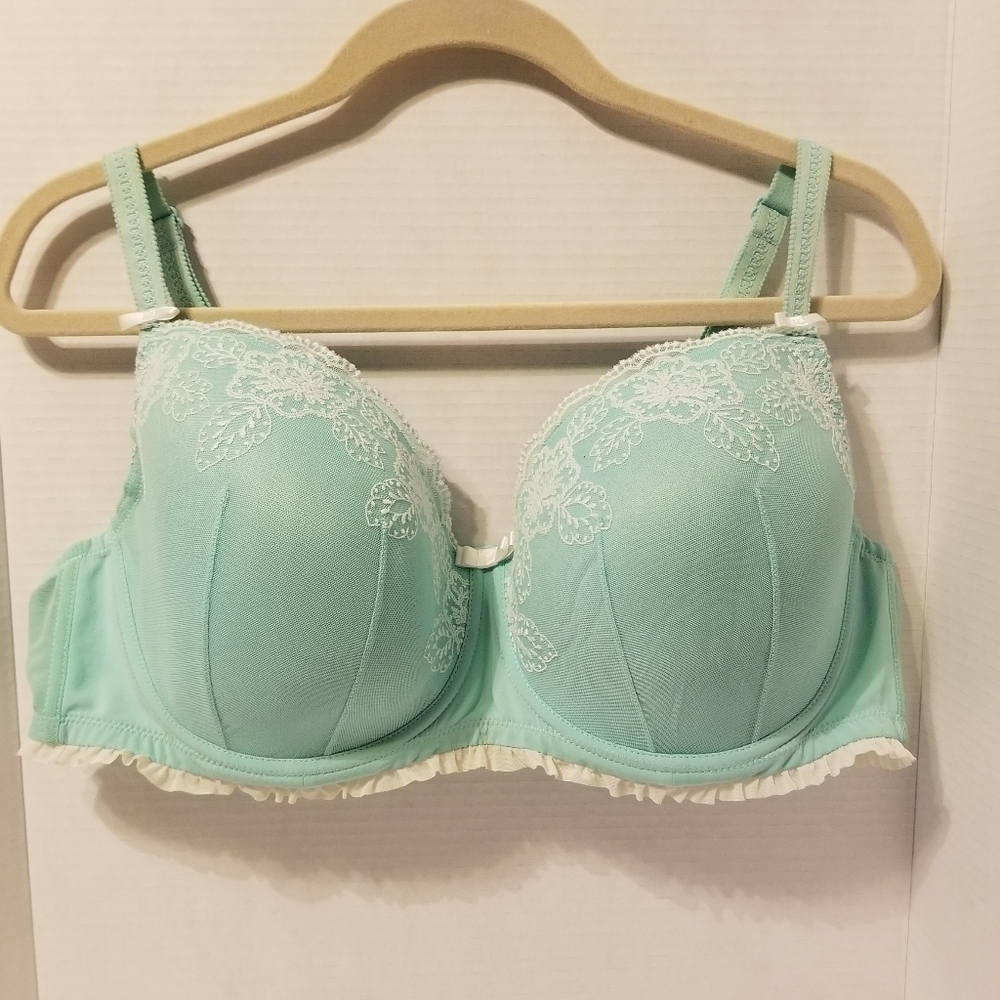Adore Me baby blue and white lace balconette demi bra 44D